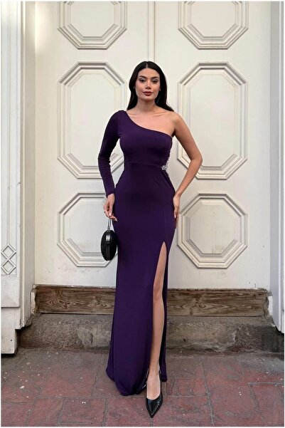 Şeker Portakalım فستان من قماش واحد غير متماثل اللون مع ياقة وأكمام مزينة بال...
