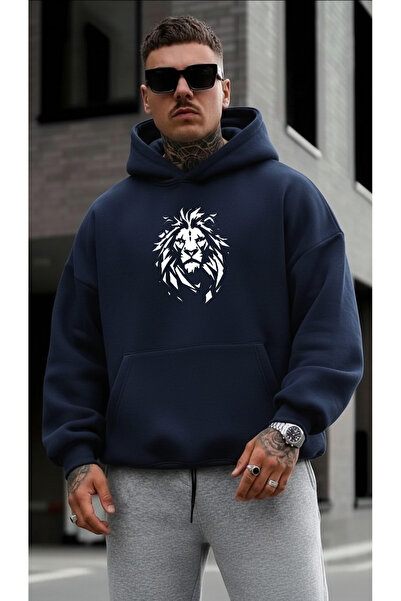 tkn your style Men's Lion Print Design Trendy Oversize Hooded Sweatshirt Rela...