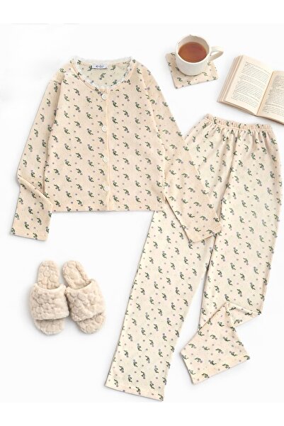 Hepsi Moda Güpür Detaylı Düğmeli Pijama Takımı - Ekru