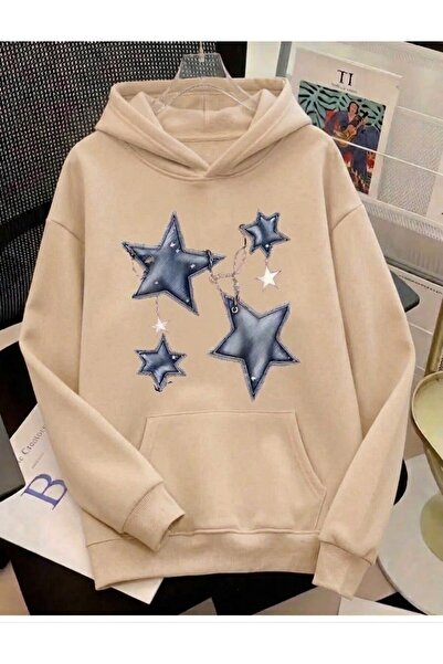 UNCİA OUTDOORS Women's Chain 4 Star Printed Oversized Hooded Sweatshirt