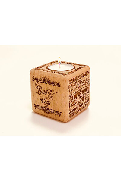 Laser Gallery Wooden Cube Candle Holder – 9cm Laser Engraved "Love" Romantic ...