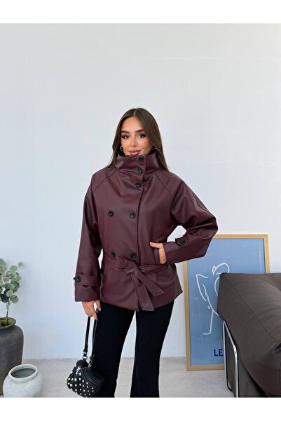 buqre's moda Stand Collar Lined Faux Leather Women's Leather Jacket Short Tre...