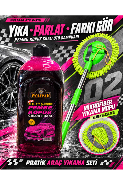 WOLFPAR Pembe Köpük Cilalı Oto Şampuanı 1 L + Yedek Başlıklı Mikrofiber Araç ...