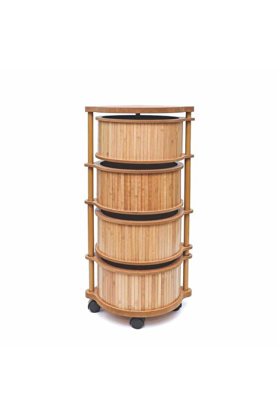 MİHMAN HOME Bambu 4 Katlı Tekerlekli Çok Amaçlı Ahşap Patates Soğan Sepeti