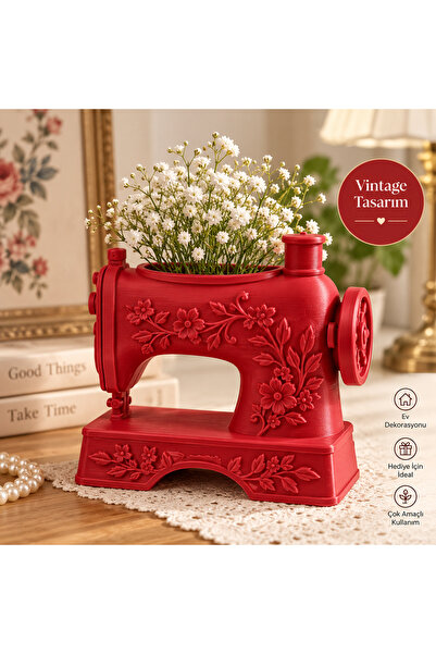 Demir Bayrak Dikiş Makinesi Tasarımlı Dekoratif Saksı – Kırmızı Vintage Çiçek...
