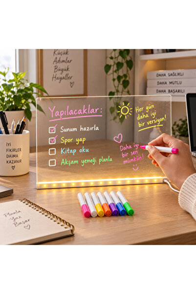 ARVALE LED Işıklı Yazı Tahtası Seti Silinebilir Not Panosu USB’li 8 Renk Kalemli