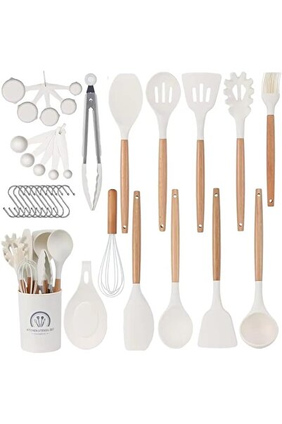 Generic 33 Piece Silicone Kitchen Utensils Set with Wooden Handles | Heat Res...