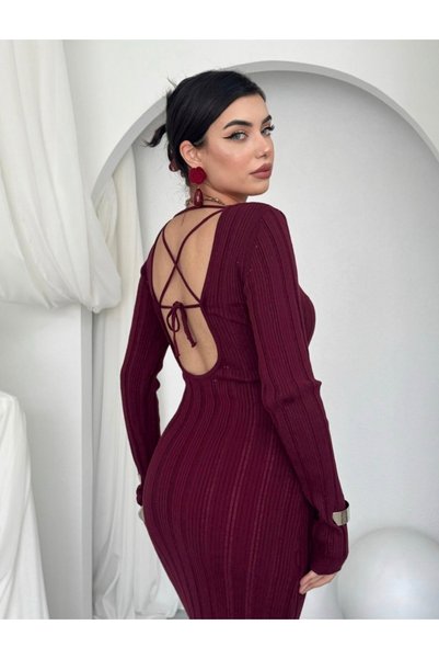 Dilek Vardar Bordo Kadın Triko Sırt Dekolteli Bağlama Detaylı Yırtmaçlı Elbise