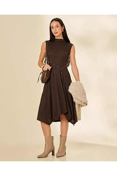 REDTAG Women Brown Asymmetric Ribbed Dress