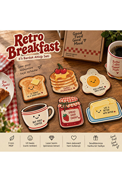 kids town Retro Breakfast 6-Piece Coaster Set – Breakfast Themed Uv Printed 3...