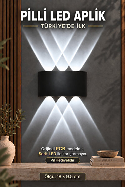 Edison Pilli Aplik LED Duvar Lambası 10W 700 Lümen Beyaz Işık 9V Pil ile Çalı...