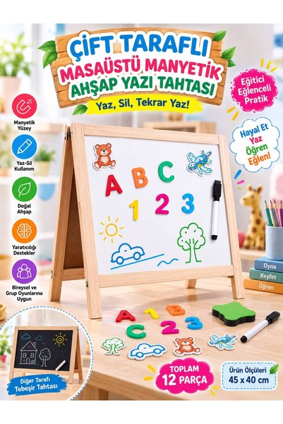 BYCEGU Çift Taraflı Masaüstü Manyetik Ahşap Yazı Tahtası – 45x40 cm, Harf ve ...