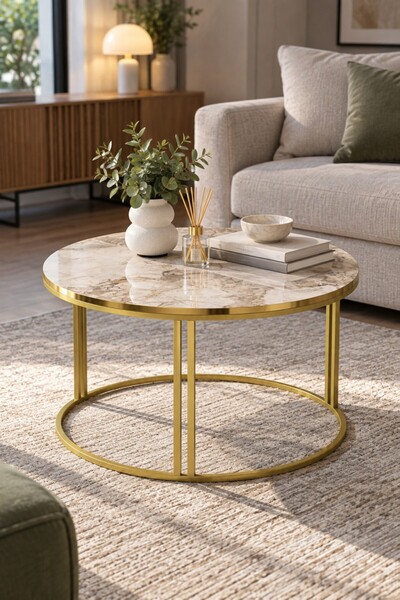 SuloraHome Efes Beyaz Mermer Desenli Yuvarlak Orta Sehpa 70 cm