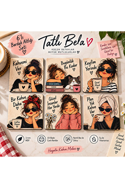 kids town Sweet Bela Set of 6 Coasters – Coffee Themed Uv Printed Mdf Coaster...