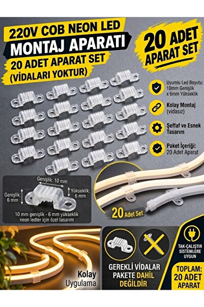 ECONA 20 ADET Neon Led Tutucu Klips 1 Vidalı Duvar Aparatı,Bağlantı Montaj Ap...
