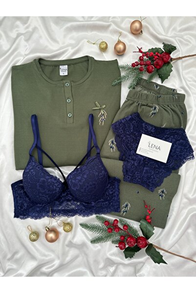Lena Homewears Khaki Olive Patterned 4-Piece Bra and Long Sleeve Premium Waff...