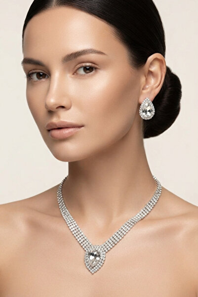 PETEK AKSESUAR Damla Zircon Stone Evening Dress Necklace Earrings Set