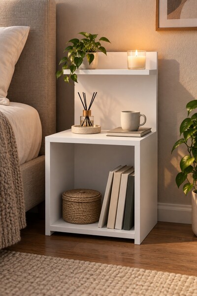 SuloraHome Beyaz Açık Raflı Komodin ve Yan Sehpa