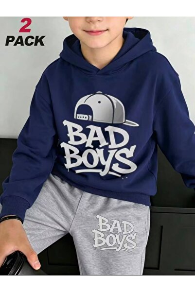 MORNİNG KİDS Boys' Hooded Bad Boys Printed Navy Blue Hooded Sweatshirt-Grey W...