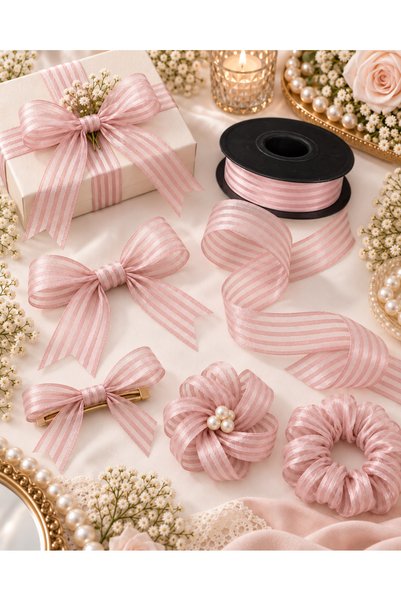 kubbe tekstil aksesuar Light Powder Striped Chiffon Ribbon 2.5 cm – 1 Roll 20 Meters Gift Wrapping, Flower Bouquet, Engagement Wedding and Decoration Ribbon
