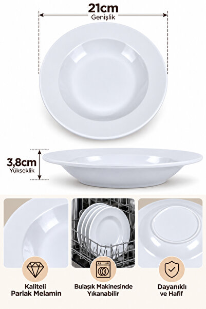 Binbirreyon 6 Adet Melamin Tabak Çukur Tabak Parlak Beyaz 21cm Lokanta Ev Tipi Tabak RA680