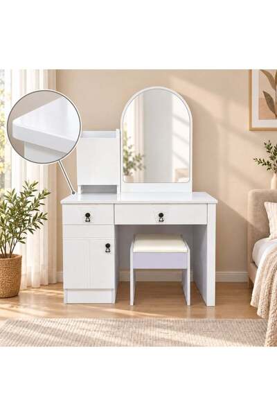 LastHome Lian White Dressing Table with Mirror and Chair