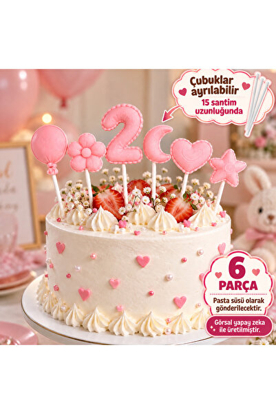 hediyesepetinde Pembe 2 Yaş Pasta Süsü 6 Parça Set | Balon/ Çiçek/ 2 /Ay /Kal...