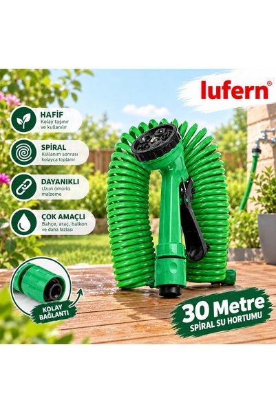 Lufern Çok Fonksiyonlu 30 Metre Su Hortumu Spiral Bahçe Sulama Araç Yıkama Teras Zemin Temizliği Dirençli