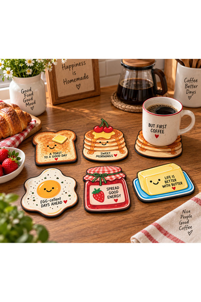 kids town Retro Breakfast 6-Piece Coaster Set – Breakfast Themed Uv Printed 3 mm Mdf Decorative Coasters