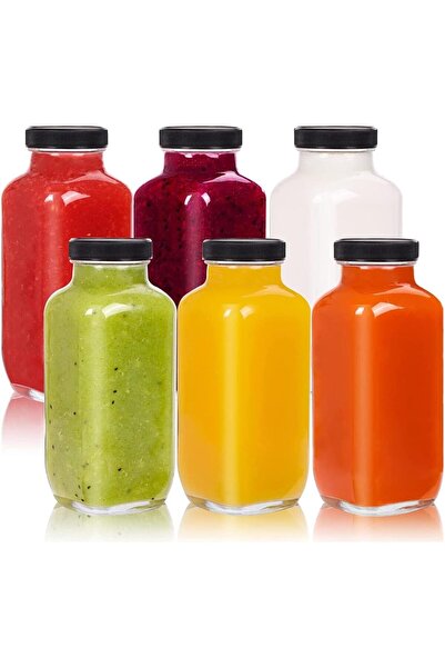 FUFU 6 Pack Glass Juice Bottles with Lids Reusable Glass Square Beverages Dri...