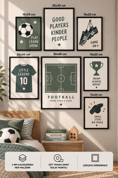 UNT 7'li Çerçeve Görünümlü Modern Tablo Seti | Çocuk Odası - Futbol Temalı | ...