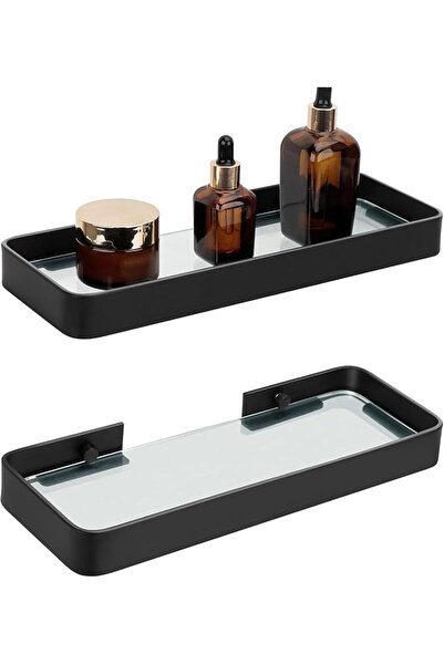 KASTWAVE Bathroom Shelves, 2 Pcs Matte Black Floating Shelf with Tempered Gla...