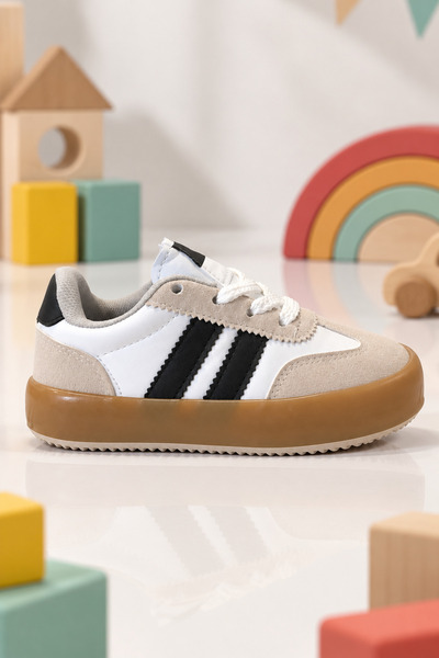 Tonny Black Çocuk Unisex Beyaz Siyah Microlight Taban Rahat Bağcıklı Sneaker