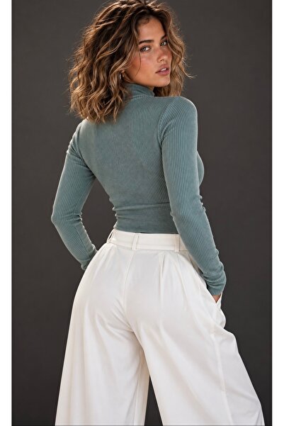 Be Best Kadın Çağla Yeşili Yarım Balıkçı Önü Damla Crop Bluz BE522
