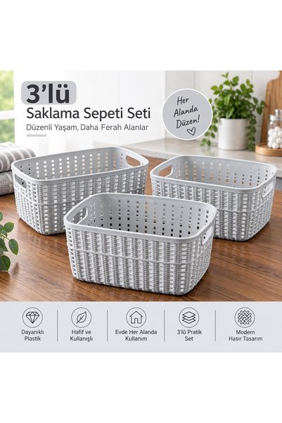 SELKA HOME 3’lü Örgü Desenli Saklama Sepeti