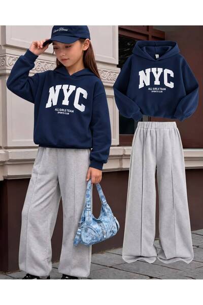 MORNİNG KİDS سويت شيرت بقلنسوة مطبوع عليه NYC باللون الأزرق الداكن للفتيات - ...