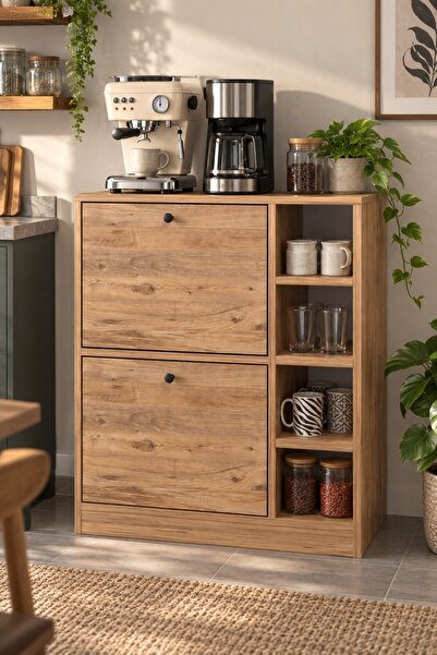 SuloraHome Ceviz Desenli Kahve Köşesi Dolabı ve Mutfak Standı