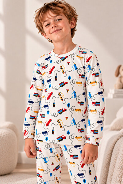 Free Beka Car Patterned Crew Neck 100% Cotton Interlock Fabric Boys' Long Sle...