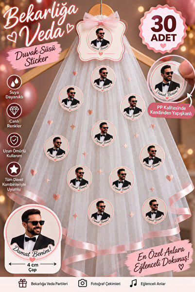 Kişiye Özel Fotoğraflı Bekarlığa Veda Duvak Süsü Kendinden Yapışkanlı Etiket (Sticker) Çap 4 cm – 30 Adet – Duvak Dahil Değildir