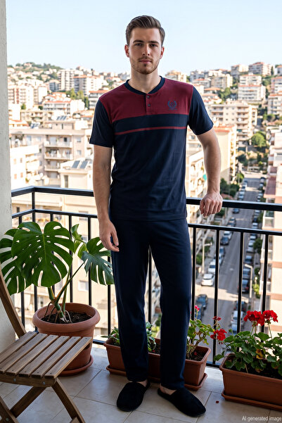 REMSA Men's Short Sleeve Combed Cotton Pajama Set 3020 Navy Blue