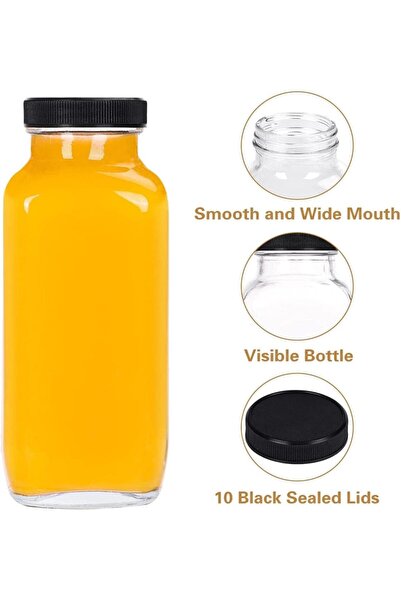 FUFU 6 Pack Glass Juice Bottles with Lids Reusable Glass Square Beverages Drinking Jars with Tamper-