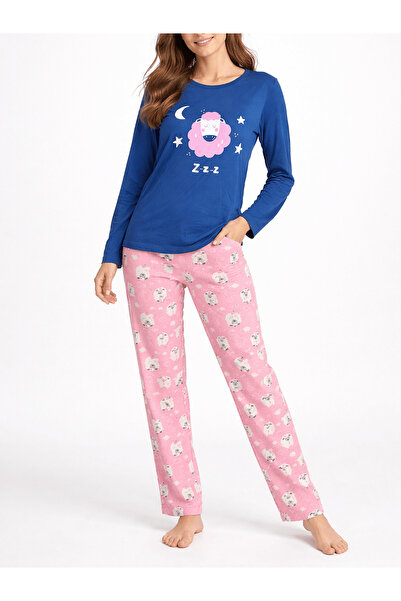 Hepsi Moda Kuzu Desen Uzun Kollu Pijama Takımı - Lacivert & Pastel Pembe