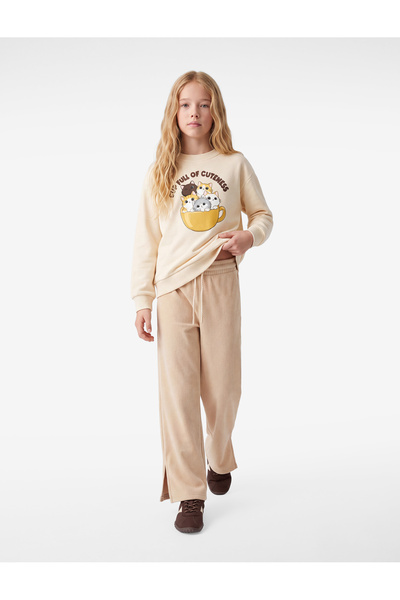 Koton Textured Wide-Leg Velvet Trousers with Belted Waist