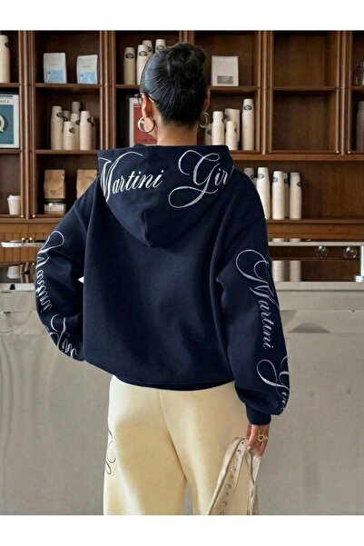 MOONBULL Kadın Martini Girl Nakış İşlemeli Oversize Kapüşonlu Kanguru Cepli S...