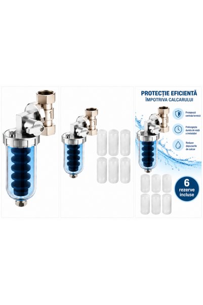 Cualitech Dozator de polifosfat de 1/2 inch, filtru anticalcar pentru centrală termică, cu 6 rezerve.