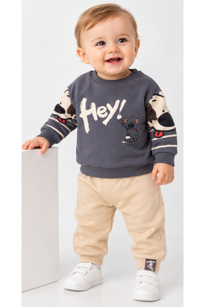 İrem Çocuk Giyim Baby Boy Hey Written Front Sleeves Dog Patterned Smoked Colo...