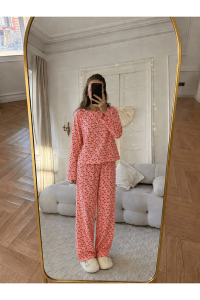 Hepsi Moda Bisiklet Yaka Çilek Desenli Uzun Kol Pijama Takımı - Pembe