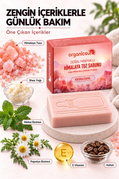 Organicsun Himalaya Tuz Sabunu 120 gr x 3 Adet Köpüren Formül - Zengin Doğal Mineralli Pembe Himalaya Kaya Tuzu Sabunu