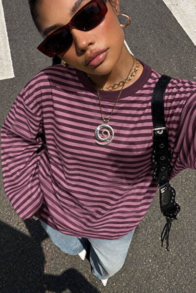 Ladima Kadın Pembe Mor Çizgili Bisiklet Yaka Oversize Sweatshirt