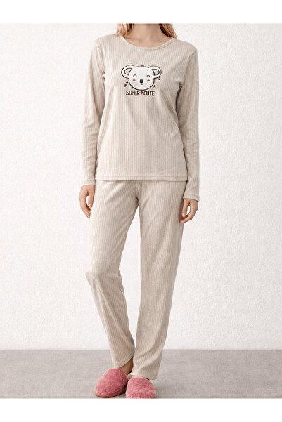 Hepsi Moda Koala Peluş Kabartmalı Pijama Takımı - Taş